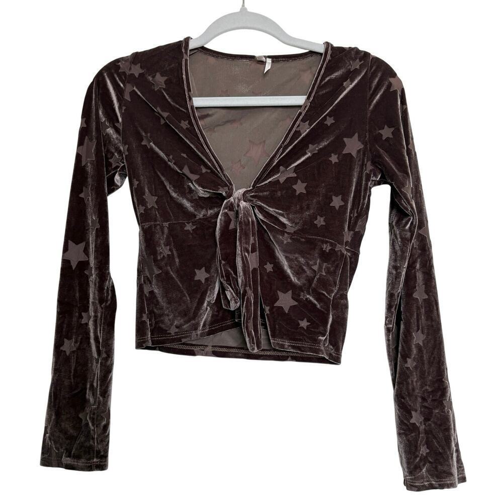 Out From Under star print velvet tie front top XS brown celestial grunge
